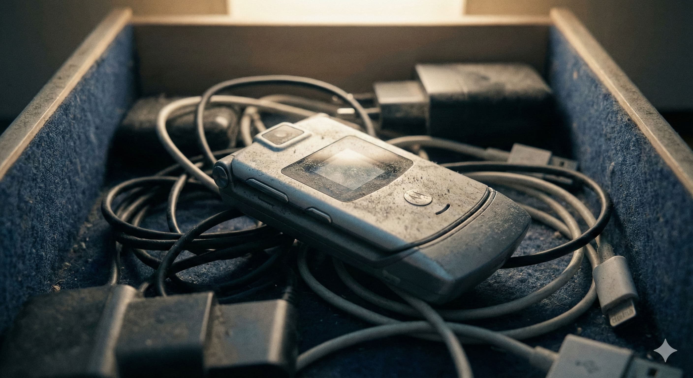 An old flip phone forgotten in a drawer